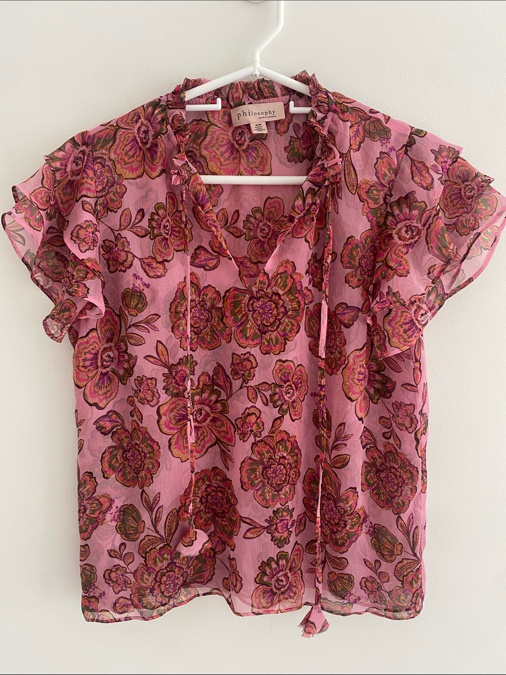 Philosophy Pink Floral Girlcore Cottagecore Semi Sheer Flutter S/S  Floaty Top M
